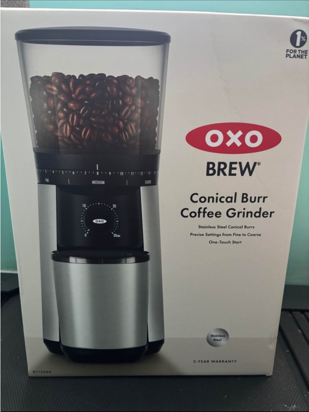OXO Brew Coffee Grinder in Silver and Black with Red Logo